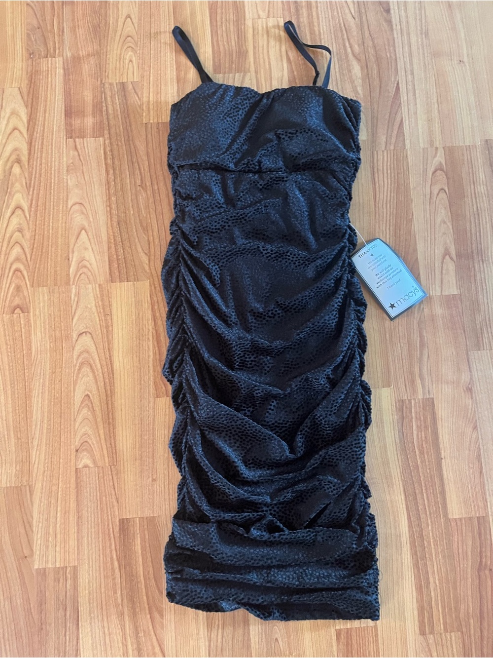 NWT- Black Ruched Bodycon Dress with polka dot print design
